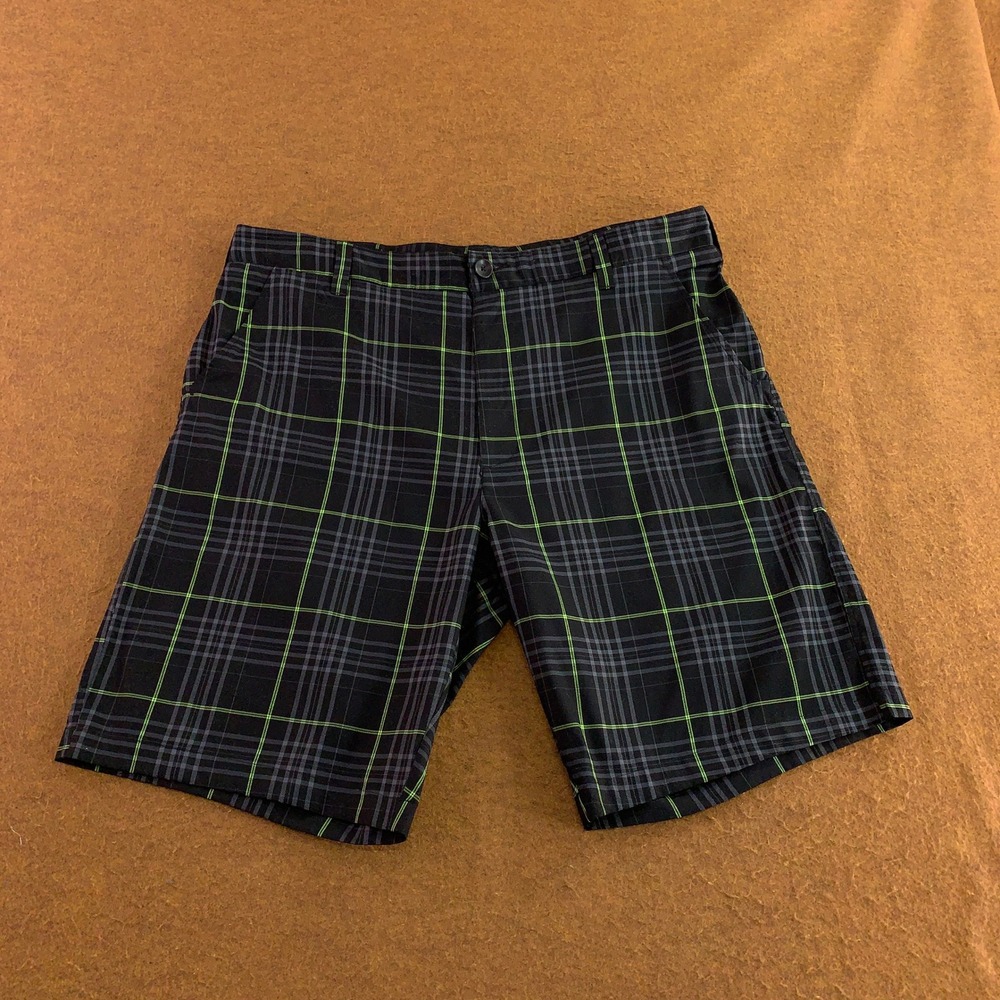 Under Armour Mens 40 Black Plaid Lime Green Performance Golf Shorts
